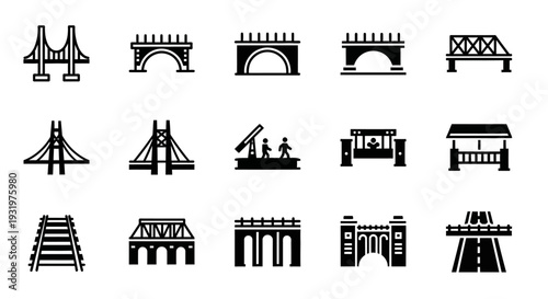 Collection of various bridge and building structures in simple black line art illustrations on a plain background