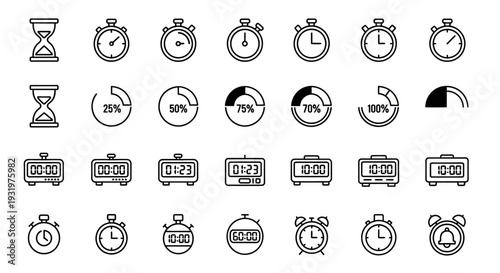 Collection of various monochrome timer icons depicting different time intervals and countdowns in a grid layout