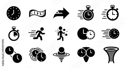 A collection of black time-related icons on a plain background showcasing various clock and timer illustrations from different viewpoints
