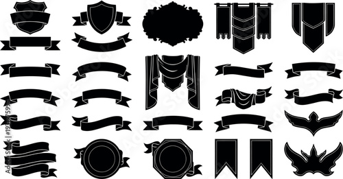 Heraldic shields set, vector collection of ornate banners and ribbons, decorative vintage elements for crest design and luxury branding.