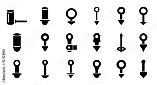 Collection of various black key icons displayed on a white background from different viewpoints