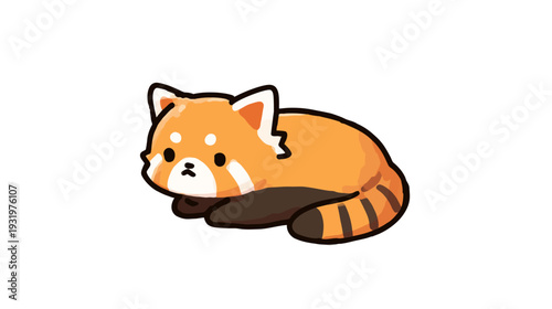 A cute, cartoon-style red animal, curled up with an orange coat and a striped tail