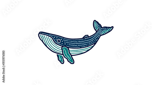 Illustration of a blue and green whale on a white background, simplistic marine animal design