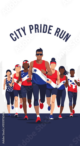 Diverse Group Running Together in a City Pride Run for Unity and Celebration of Inclusion