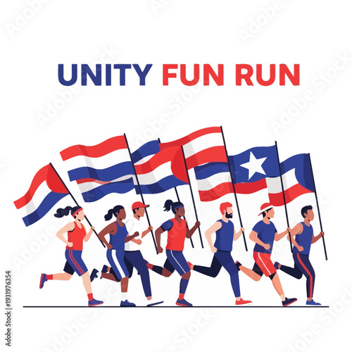 Diverse Group Running Together, Celebrating Unity and International Flags In The Community, Fun