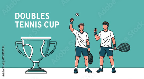 Doubles Tennis Victory Celebration Depicting Two Champions Raising Arms And Trophy