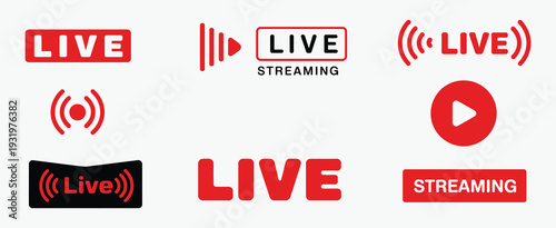 Live Streaming Icon Set Featuring Social Media Broadcast Blog and News Symbols with Red Frame Video Content Flat Icons for Digital Marketing and Interfaces