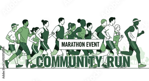 Diverse Group Running Together: Community Marathon Event Invitation Design Concept