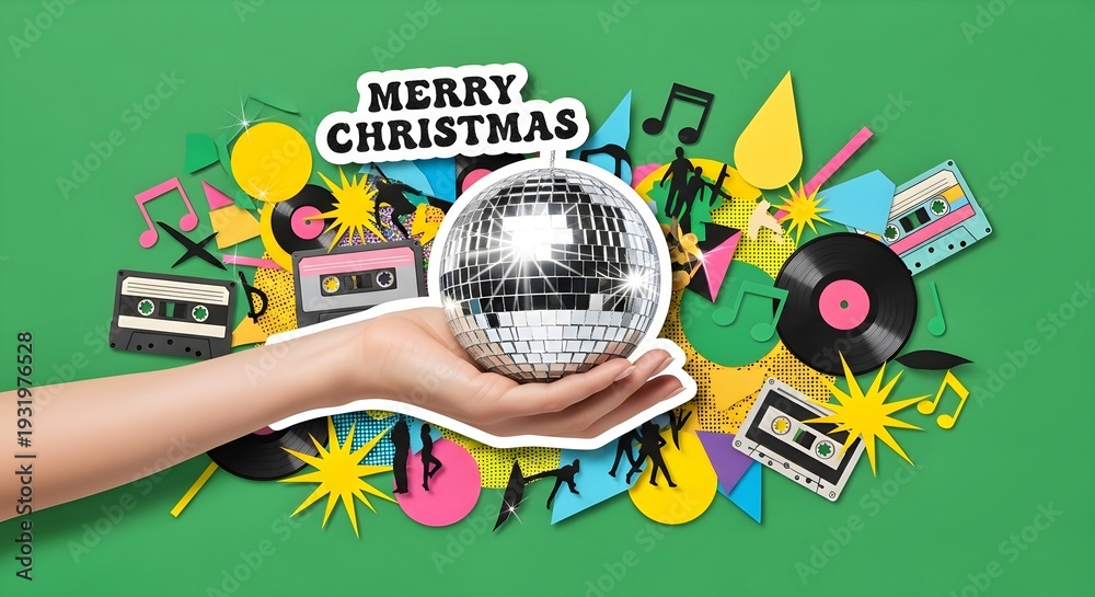 Fototapeta premium Hand holding disco ball with retro Christmas elements. Multicolored party decorations on green background. Merry Christmas concept. Holiday celebration and music concept