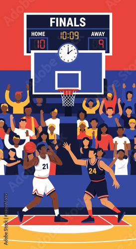 Dramatic Basketball Game Depicted with Energetic Players and Enthusiastic Spectators in Full Action