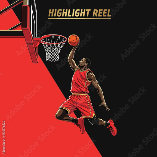 Dramatic Basketball Player Slam Dunk Silhouette Against a Vivid Red and Black Backdrop Design