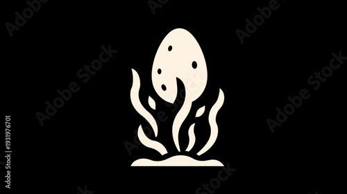 Stylized illustration of a plant with an egg-shaped head, surrounded by curly tendrils on black