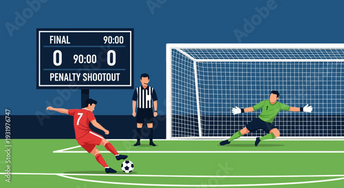 Dramatic Penalty Shootout Illustration Depicting Intense Football Game Action and Championship