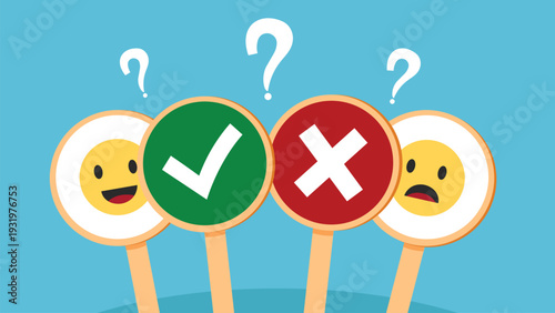 Correct and incorrect signs with smiley and sad faces concept vector illustration. Feedback evaluation and customer satisfaction survey.