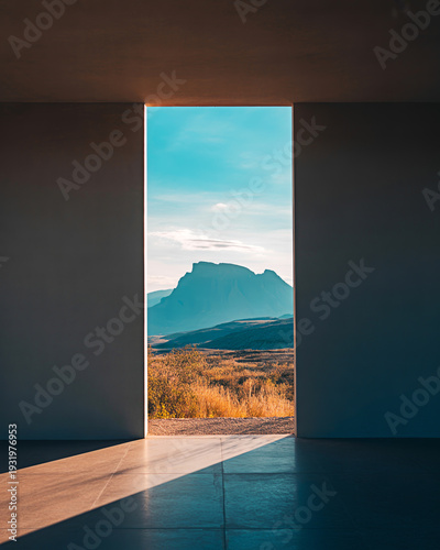 Open Door with Breathtaking Mountain and Sky View from Dark Interior