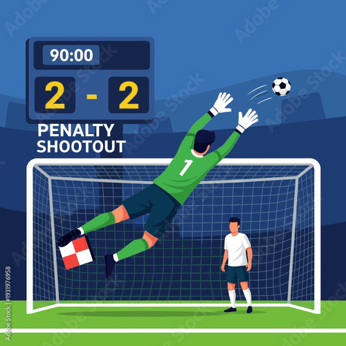 Dramatic Soccer Penalty Kick Moment: Goalkeeper Attempts to Save a Crucial Goal in Stadium