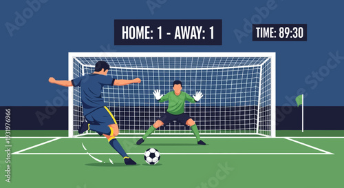 Dramatic Soccer Penalty Kick Moment With Both Goalie And Kicker Displayed In Illustration