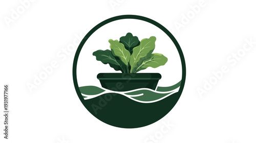 A plant in a pot with green leaves inside a dark green circle on a white background