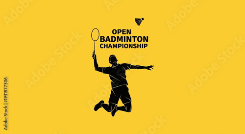 Dynamic Badminton Championship Illustration Featuring Athlete Silhouetted Action and Shuttlecock