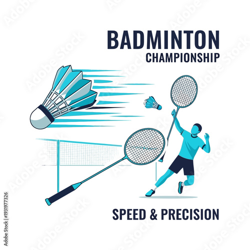 Dynamic Badminton Championship Illustration Featuring Player Action, Shuttlecock, and Rackets