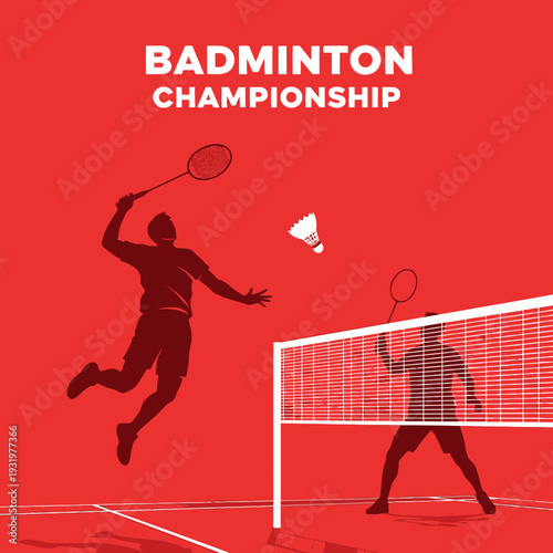 Dynamic Badminton Action Illustration Depicting Championship Players in Energetic Silhouette