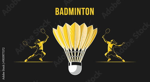 Dynamic Badminton Action Illustration Featuring Shuttlecock and Silhouetted Athletes