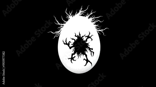 A silhouette of a shadowy entity emerging from a white, egg-shaped backdrop on a black field