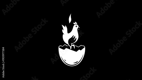 A simple white illustration depicts a chicken emerging from a broken eggshell on a black background