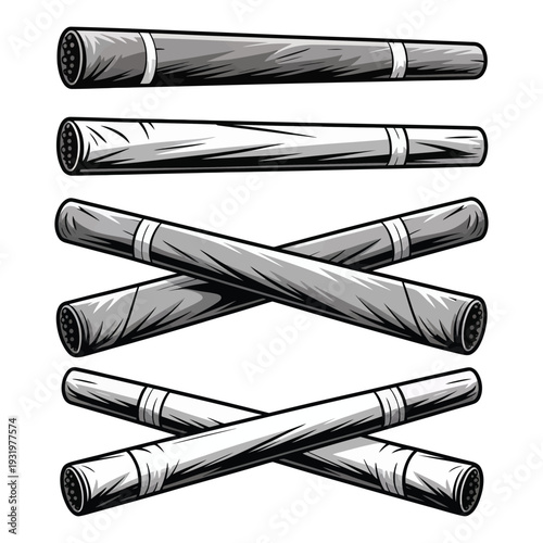 Vector Illustration Set of Marijuana Rolled Joints and Cannabis Cigarettes with Drug Design Elements Isolated on White Background for Legal Dispensary Branding and Lifestyle