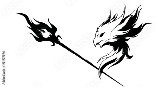 A monochrome illustration of a winged creature's head and a stylized spear with a flame-like head