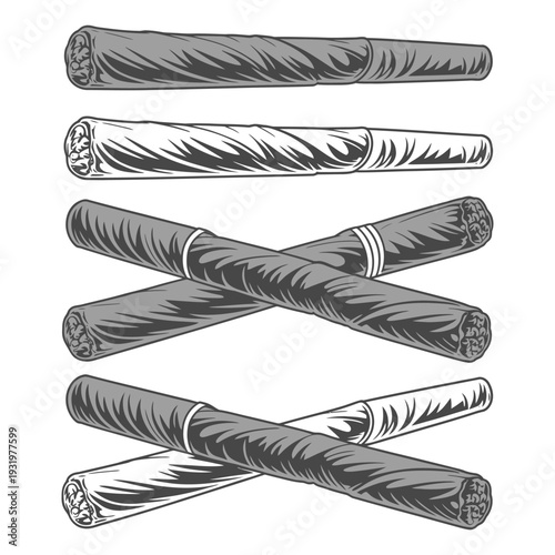Vector Illustration Set of Marijuana Rolled Joints and Cannabis Cigarettes with Drug Design Elements Isolated on White Background for Legal Dispensary Branding and Lifestyle