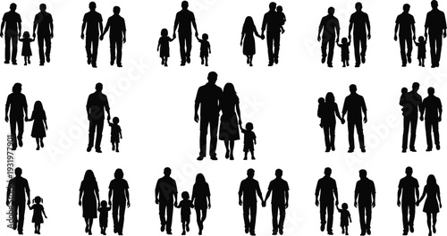 Family silhouette collection with parents and children walking together, caregiving and unity illustration, relationship diversity concept, flat vector design