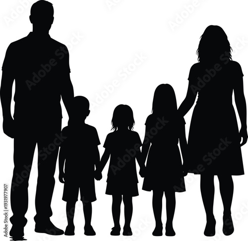 Family silhouette vector illustration, parents children unity icons, togetherness artwork, love relationship design, family bond scene - flat vector illustration