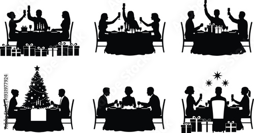 Festive dining silhouette vector illustration, people celebration icons, holiday party artwork, family toast design, social gathering scene - flat vector illustration