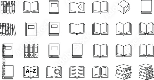 Book icon silhouette collection with open and closed designs, stacks, binders, dictionary illustration, educational concept, flat vector graphic design