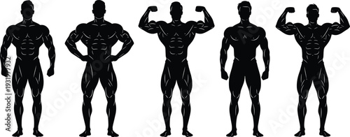 Bodybuilding silhouette vector illustration, muscular male poses, fitness competition icons, strength training artwork, flexing physique design scene - flat vector illustration