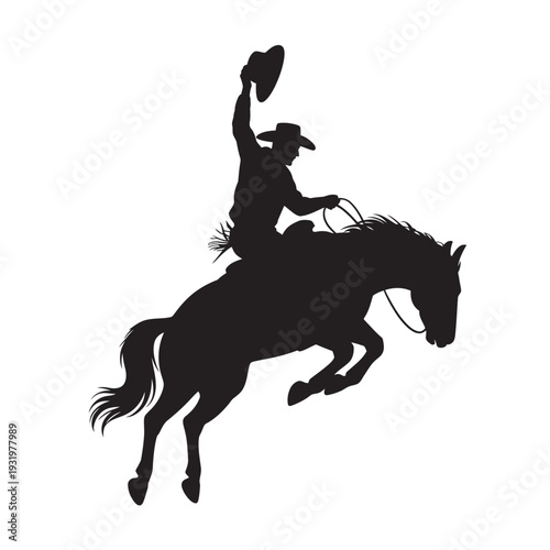Bucking bronco horse and cowboy at rodeo silhouette black vector art