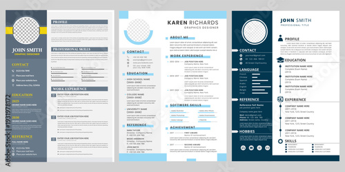Professional Resume Templates Set With Three CV Layouts Navy Yellow And Sky Blue Color Schemes With Circular Photo Frames