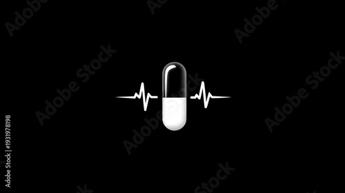 A stark, minimalist illustration featuring a pill icon with a heartbeat monitor wave pattern