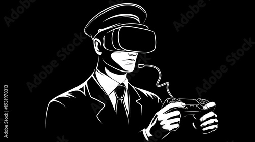 A man in a suit wearing a VR headset and hat, holding a gamepad on a black backdrop