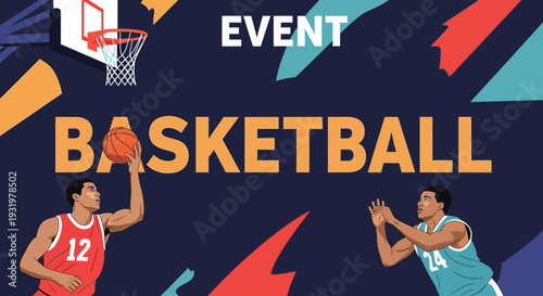 Dynamic Basketball Event Graphic Featuring Players, Court Action, and Bold Typography