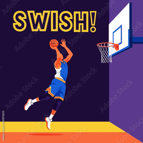Dynamic Basketball Player Achieving a Perfect Swish Shot During a Competitive Game