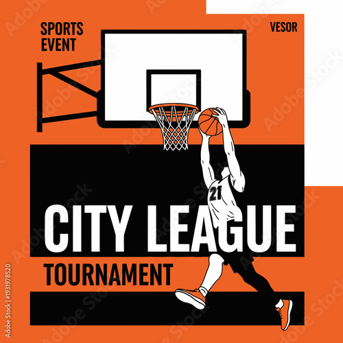 Dynamic Basketball Player Dribbling and Shooting in a City League Tournament Poster Design