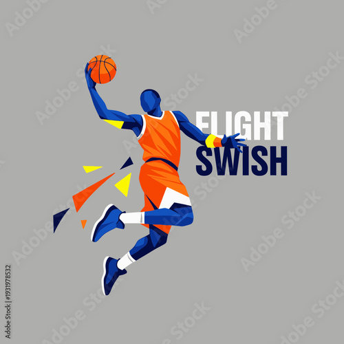 Dynamic Basketball Player Executing a High-Flying Jump Shot for Flight and Swish Victory