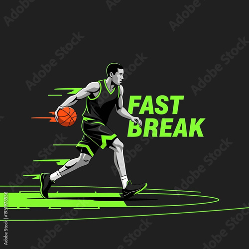 Dynamic Basketball Player Executing a Fast Break With Intense Speed and Strategic Movement