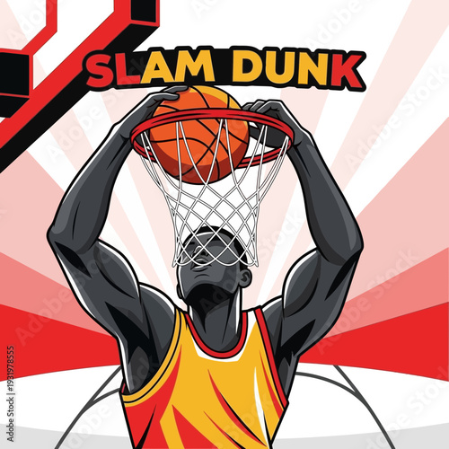 Dynamic Basketball Player Executing a Powerful Slam Dunk with Artistic Flair and Visual Appeal