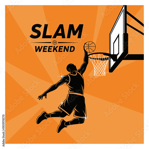 Dynamic Basketball Player Slam Dunking During Weekend Event with Orange Radiant Background