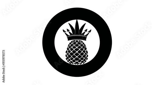 A regal fruit illustration in a minimalist style, featuring a pineapple crowned within a black circle