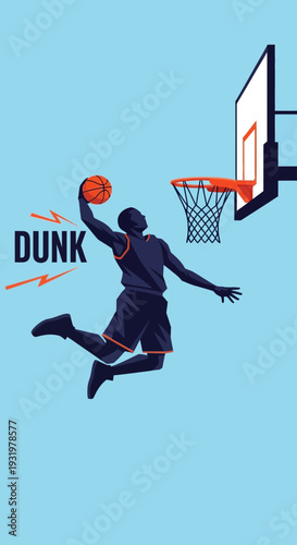 Dynamic Basketball Player Executing a Slam Dunk, Illustrated in a Modern, Flat Style