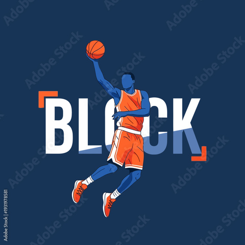 Dynamic Basketball Player Executing Slam Dunk Action Against Dark Blue Backdrop Design